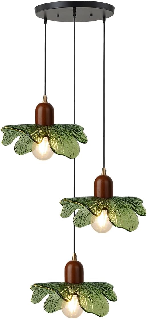 Art Deco Chandelier 3-Light Green Glass Pendant with Walnut Wood Base, Black Vintage Design, Adjustable Height Hanging Lamp for Dining Table, Living Room, Mid Century Inspired Lighting