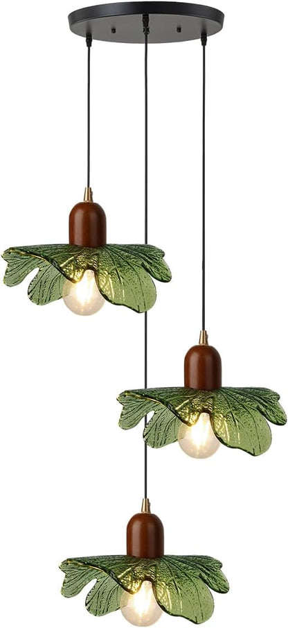 Art Deco Chandelier 3-Light Green Glass Pendant with Walnut Wood Base, Black Vintage Design, Adjustable Height Hanging Lamp for Dining Table, Living Room, Mid Century Inspired Lighting