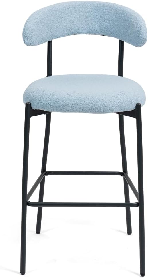 26" Counter Height Bar Stools - Teddy Fabric Upholstered Kitchen Island Stools with Black Powder-Coated Metal Base & Integrated Footrest, Modern Farmhouse Style(Blue)