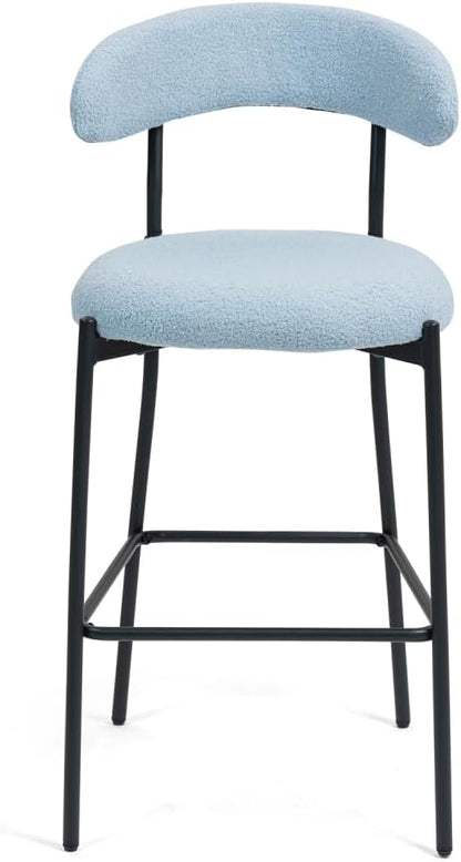 26" Counter Height Bar Stools - Teddy Fabric Upholstered Kitchen Island Stools with Black Powder-Coated Metal Base & Integrated Footrest, Modern Farmhouse Style(Blue)