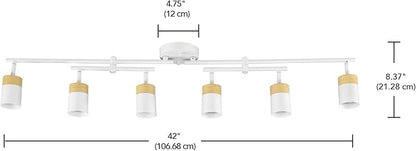 Globe Electric 64000055 42" 6-Light Track Lighting, Double Center Swivel Bar, Matte White, Wood Toned Accents, Ceiling Light, Pivot Shades, 6 Bulb, Kitchen Lights, GU10 Sockets