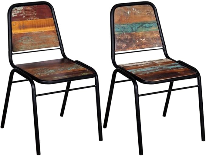 Solid Reclaimed Wood Dining Chairs Set of 2 Antique-Style Kitchen Chairs with Powder-Coated Steel Frame for Farmhouse Dining Room Furniture