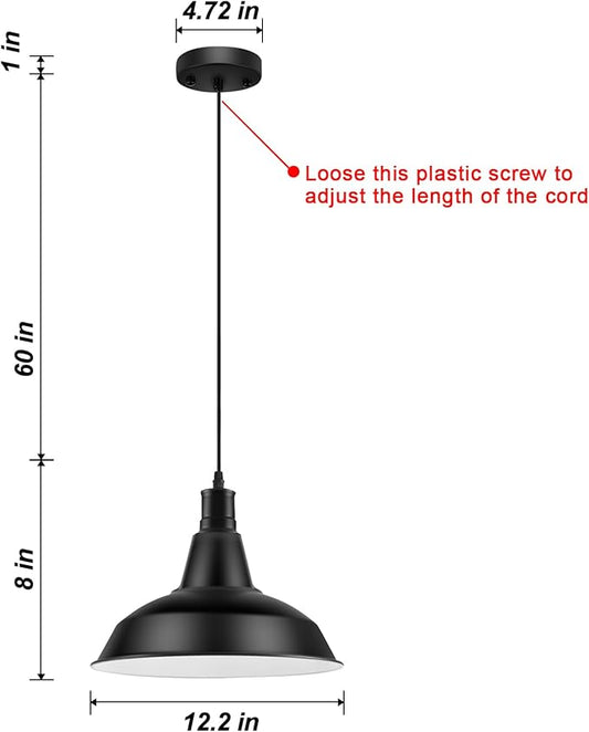 LOEHINLE Pendant Light Fixtures, Vintage Farmhouse Hanging Lighting Fixture with Metal Shade, Industrial Barn Lights for Hallway, Kitchen Island, Sink, Dining Room, Living Room, Black, 12.2in