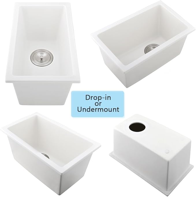 10 Inch White Bar Sink Undermount-VASOYO 10x18 Inch Undermount Wet Bar Sink Small Rv Kitchen Sinks White Quartz Composite Deep Single Bowl Small Kitchen Sinks with Bottom Grid