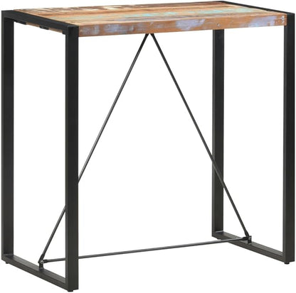 Solid Reclaimed Wood Bar Table with Steel Base, 43.3 Inch Height, Durable Dining Table for Kitchen and Home Bar, Unique Wood Grain, Space Saving Design, Industrial Accent
