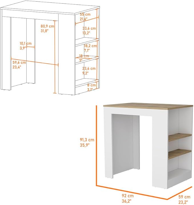 Modern Dining Table Kitchen Island Counter Height Table Top with 3-Side Shelf, Sturdy Stable Console for Living Room Decor Luxury Easy Clean Surface,White