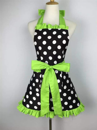 Hyzrz Cute Apron Retro Black Polka Dot Retro Ruffle Side Vintage Cooking Aprons with Pockets for Women Girls (Side Green)