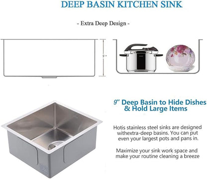 Hotis 15" x 17" Undermount Bar Sink, Stainless Steel Prep Small Kitchen Bar Sink for Rv/Outdoor, Single Bowl Design Brushed Nickel Sink With Strainer