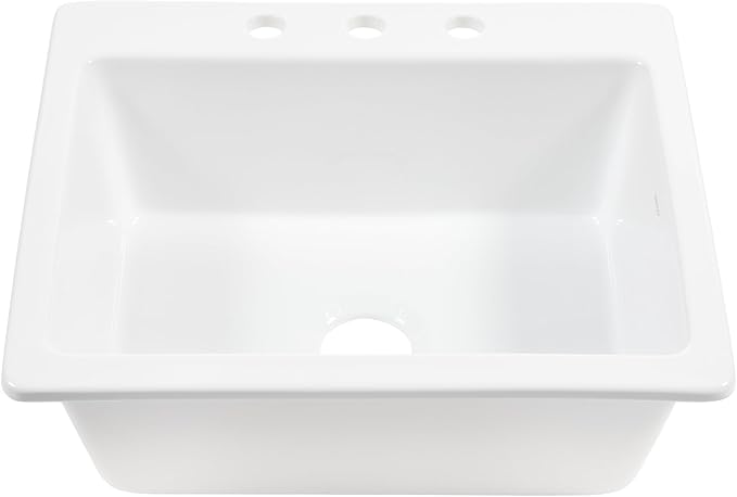 Sinkology Jackson 25 Inch White Fireclay Drop-In Kitchen Sink, Single Bowl, 3 Faucet Holes, Fits 28 Inch Cabinet, Surefire Finish