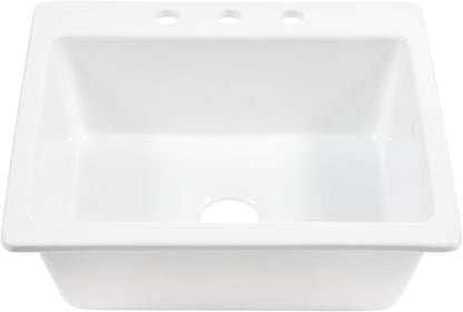 Sinkology Jackson 25 Inch White Fireclay Drop-In Kitchen Sink, Single Bowl, 3 Faucet Holes, Fits 28 Inch Cabinet, Surefire Finish