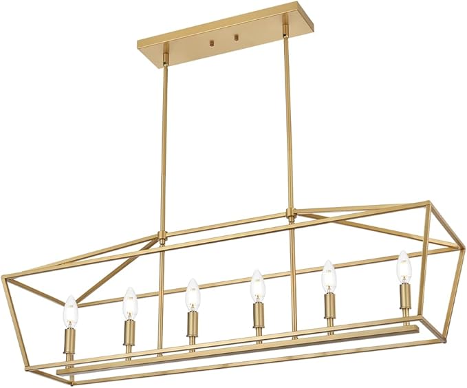 BONLICHT 6 Light Brushed Brass Farmhouse Chandelier for Dining Room, Modern Industrial Foyer Linear Pendant Light Traditional Gold Kitchen Island Lighting Fixture Hanging Ceiling Lights, E12 Base