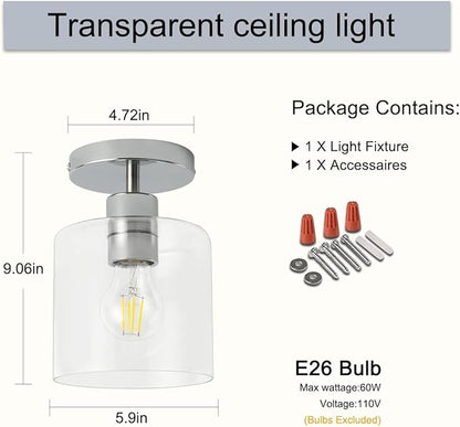Chrome Semi Flush Mount Ceiling Light,Modern Farmhouse Ceiling Light Fixture for Closet Entryway,Hallway Light Fixture 5.9in Clear Glass Shade 1 Pack