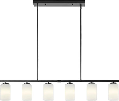 6-Light Modern Island Lights for Kitchen, Black Dining Room Light Fixtures Over Table, Pendant Lighting Over Island Kitchen Hanging Light Fixtures 45.27'' Large Chandeliers with Milky Glass Shades