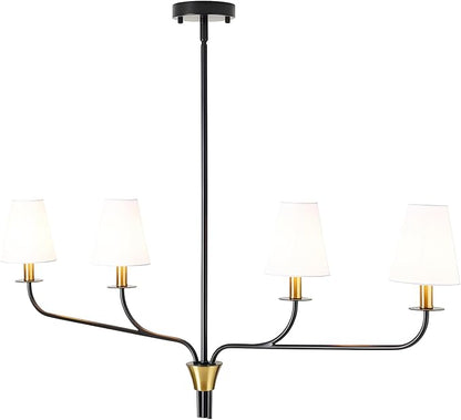 Modern 42" Linear Chandelier for Kitchen Island & Dining Room - 4-Light Black and Gold Finish with White Fabric Shades, Adjustable Hanging Pendant Light Fixture, E12