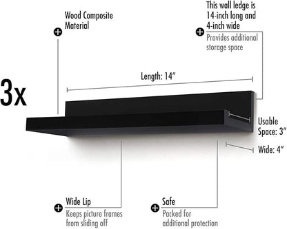 Americanflat 14" Floating Shelves for Wall - Set of 3 - Made of Engineered Wood with Lipped Ledge - Floating Wall Shelves for Bedroom, Bathroom, Kitchen, Office, and Living Room - Black