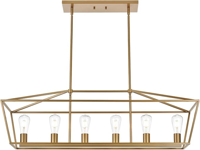 BONLICHT Farmhouse Chandeliers Gold 6 Light Modern Linear Dining Room Pendant Lighting Traditional Rectangular Kitchen Island Lantern Light Fixture Classic Ceiling Light with Adjustable Rods