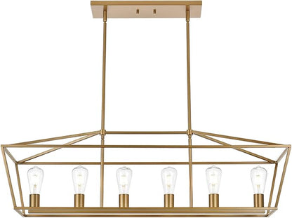BONLICHT Farmhouse Chandeliers Gold 6 Light Modern Linear Dining Room Pendant Lighting Traditional Rectangular Kitchen Island Lantern Light Fixture Classic Ceiling Light with Adjustable Rods
