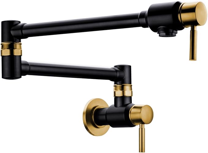 BAGNOLUX Pot Filler Faucet Over Stove, Traditional Pot Filler Wall Mount Commercial Solid Brass Kitchen Faucet, Pot Filler Folding Faucet with Double Joint Swing Arm 23.4 inch, Black and Gold