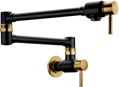 BAGNOLUX Pot Filler Faucet Over Stove, Traditional Pot Filler Wall Mount Commercial Solid Brass Kitchen Faucet, Pot Filler Folding Faucet with Double Joint Swing Arm 23.4 inch, Black and Gold