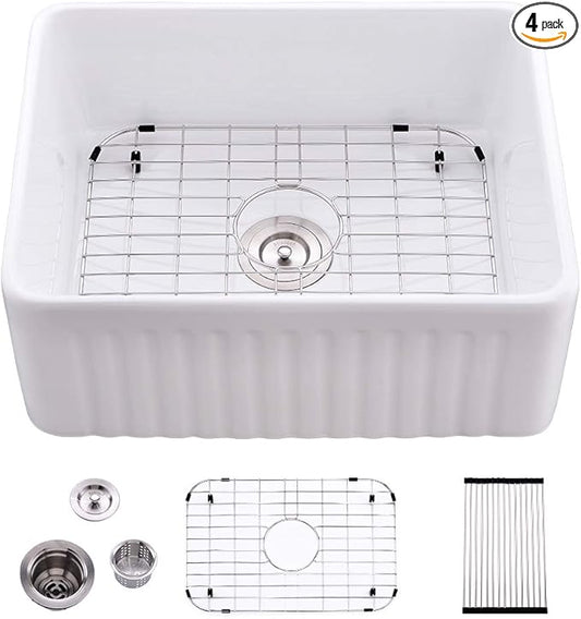 24 Inch Small White Farmhouse Sink-Bokaiya 24x18 Fireclay Farmhouse Sink Apron Front Porcelain Ceramic Single Bowl White Kitchen Sink with Dish Grid and Roll Up Rack