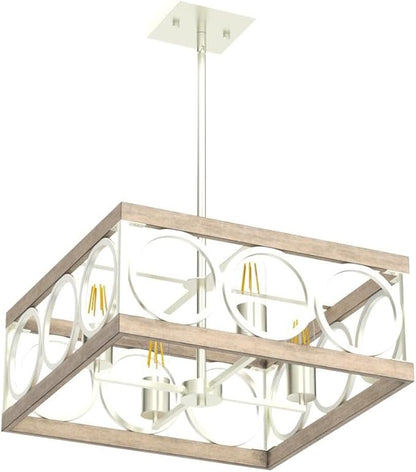 XINGQI Modern Chandelier Square 4-Light, Farmhouse Pendant Lighting Fixture for Dining Room Living Room Bedroom Kitchen Island,Antique Wood Grain+Brushed Nickel Metal Ceiling Lamp