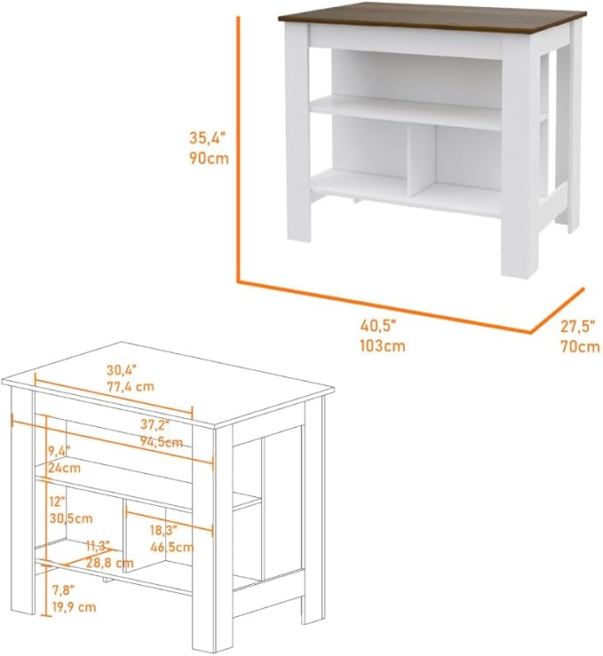 7 Shelf 4 Door 2 Kitchen Set, Kitchen Island and Cabinet White and Walnut QP267