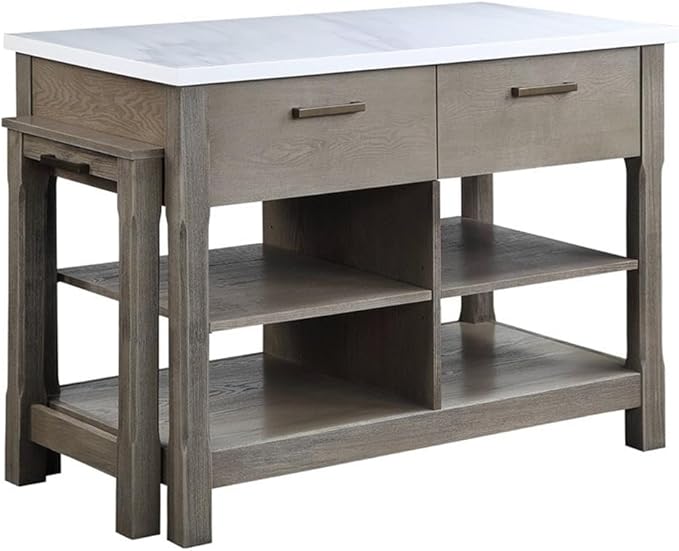 Acme Feivel Kitchen Island with Pull Out Table in Marble Top and Rustic Oak