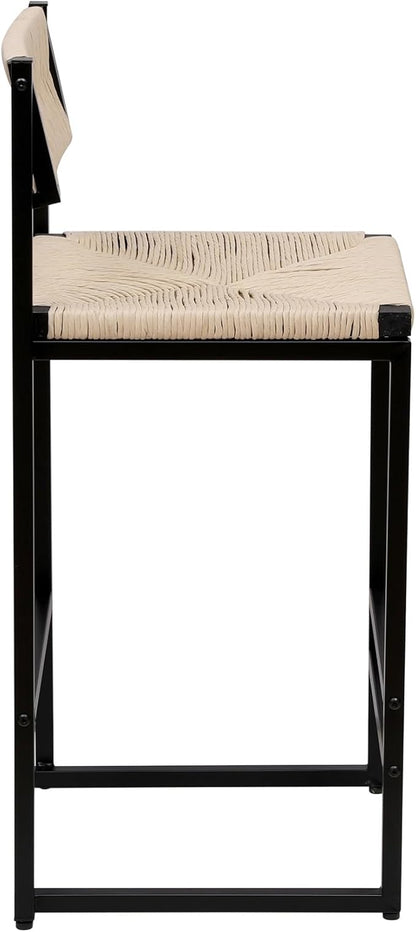 Creamy White，Honey，Gray Paper Rope Woven Stools Set of 2 Hand Weave Counter Chairs with Footrest for Kitchen Island, Dining Room