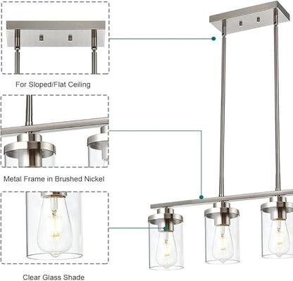 4-Light Dining Room Light Fixtures, Modern Kitchen Island Pendant Lighting Brushed Nickel Flush Mount Ceiling Hanging Lighting with Glass Shade Pendant Lights for Living Room Bedroom Hallway