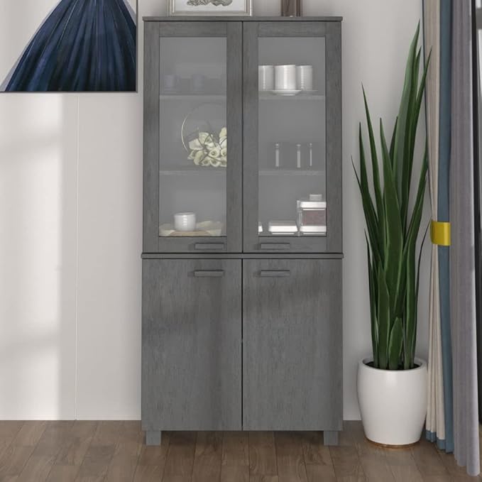 Dark Grey Solid Pine Wood Highboard Set of 2, Rustic MDF Glass Buffet Cabinet with Storage, 13.8x33.5x70.9 in, for Living Room, Hallway, Kitchen Island Kitchen Furniture