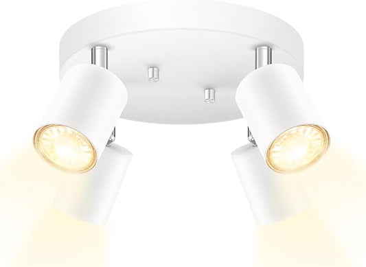AUQUEE LED 4 Light Track Lighting Kit, LED Track Lighting Fixtures, White Round Ceiling Spot Lighting, Flexibly Rotatable Light Head for Kitchen, Living Room, Bedroom, GU10 Bulb Not Included