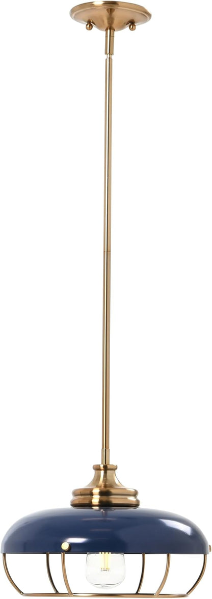 Presley - Caged Dome Metal Ceiling Light, Brushed Brass and Navy Blue