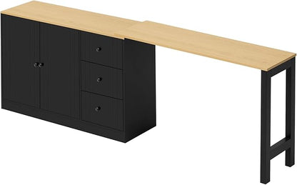 Virubi Kitchen Island with Extendable Table,3 Drawers and Storage Cabinet, Wood Sideboard Buffet Cabinet with Storage, for Living Room, Kitchen,Dining Room (Black+Natural)