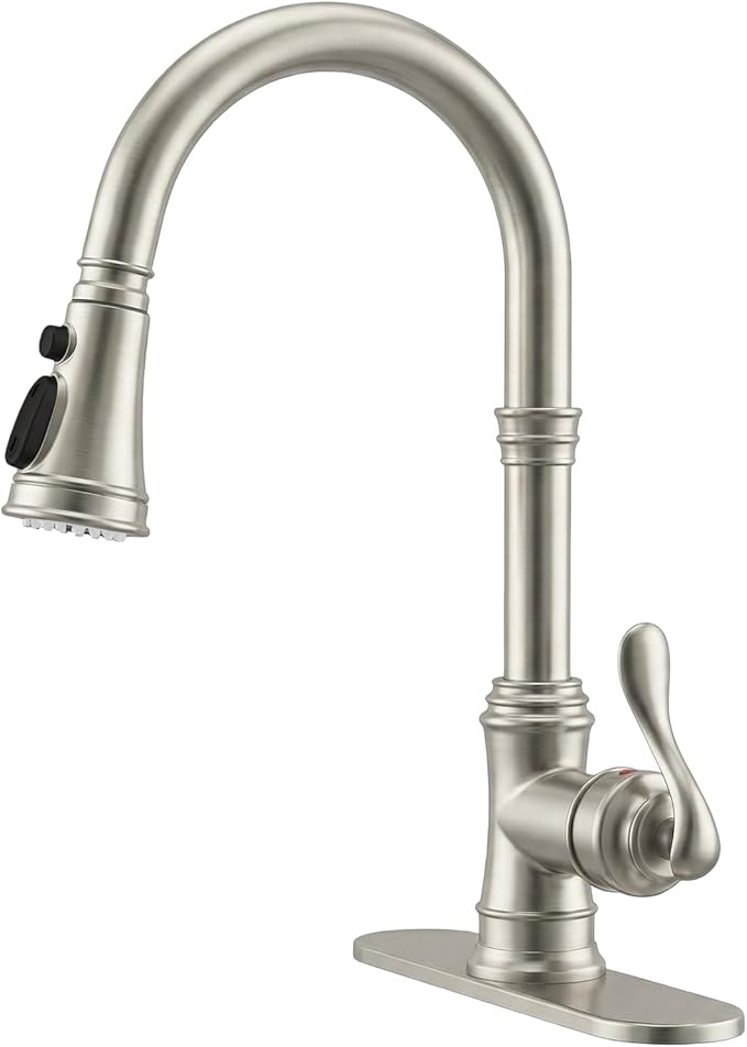 BWE Brushed Nickel Kitchen Faucet with Pull Down Sprayer, Solid Brass Single Handle High Arc Kitchen Sink Faucet, 3 Spray Modes, Deck Plate Included, Farmhouse Bar Kitchen Faucet
