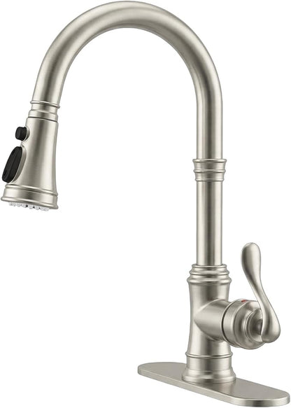 BWE Brushed Nickel Kitchen Faucet with Pull Down Sprayer, Solid Brass Single Handle High Arc Kitchen Sink Faucet, 3 Spray Modes, Deck Plate Included, Farmhouse Bar Kitchen Faucet