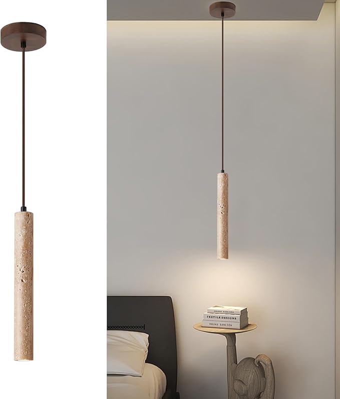 Japanese Wabi sabi Pendant Light with Natural Stone Shade, Dimmable Modern Wood Hanging Lamp Fixture, Adjustable Height Pendant Lamp for Bedroom, Kitchen Island, Dining Room, Restaurant, Cafe, Bar (G)