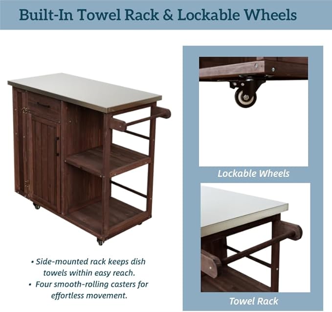 MERITLINE Outdoor Kitchen Island with Stainless Steel Top, Lockable Wheels & Towel Rack, Mobile BBQ Prep Cart with Hidden Cabinet, Drawer, Shelves for Patio, Garden, Backyard, Dark Brown