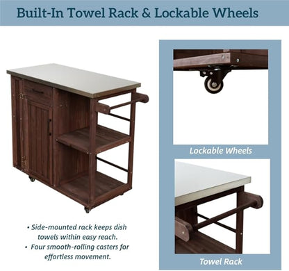 MERITLINE Outdoor Kitchen Island with Stainless Steel Top, Lockable Wheels & Towel Rack, Mobile BBQ Prep Cart with Hidden Cabinet, Drawer, Shelves for Patio, Garden, Backyard, Dark Brown