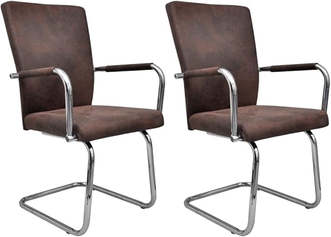 Cantilever Dining Chairs Set of 2 Brown Faux Suede Leather Modern Kitchen Furniture with Iron Frame for Dining Room Living Room