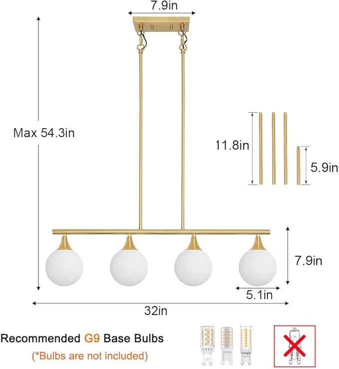 4-Light Kitchen Island Lighting, Brushed Gold Island Lights for Kitchen Adjustable Height Rods Dining Room Light Fixture over Table with White Glass Shades, Linear Chandelier for Bar Counter, G9 Base