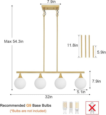 4-Light Kitchen Island Lighting, Brushed Gold Island Lights for Kitchen Adjustable Height Rods Dining Room Light Fixture over Table with White Glass Shades, Linear Chandelier for Bar Counter, G9 Base