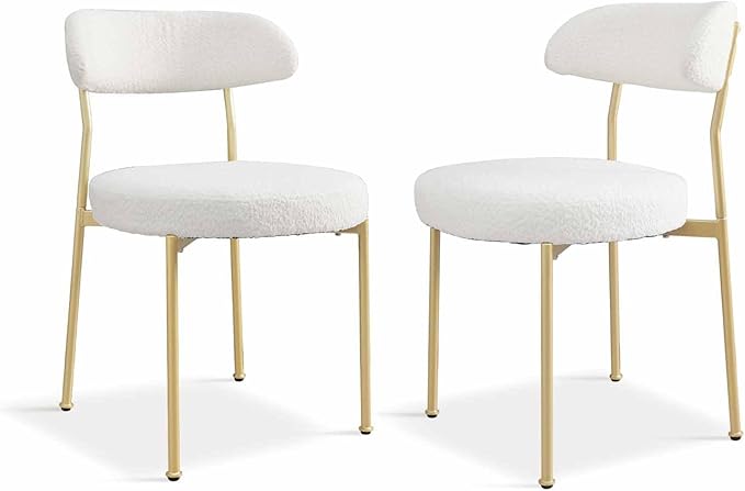 White Boucle Dining Chair Set of 2, Modern Oval Upholstered Dining Chairs with Curved Back and Metal Leg for Dining Room,Restaurant,Kitchen Island(Gold Leg)