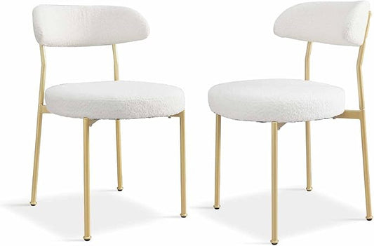 White Boucle Dining Chair Set of 2, Modern Oval Upholstered Dining Chairs with Curved Back and Metal Leg for Dining Room,Restaurant,Kitchen Island(Gold Leg)