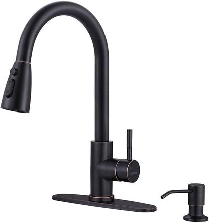 Oil-Rubbed Bronze Kitchen Faucet with Soap Dispenser, WOWOW Stainless Steel Kitchen Faucets for Sink, Pull Down Kitchen Faucet Single Handle High Arc Kitchen Sink Faucet with Deck-Plate