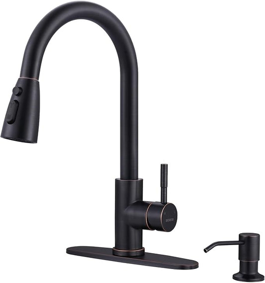 Oil-Rubbed Bronze Kitchen Faucet with Soap Dispenser, WOWOW Stainless Steel Kitchen Faucets for Sink, Pull Down Kitchen Faucet Single Handle High Arc Kitchen Sink Faucet with Deck-Plate