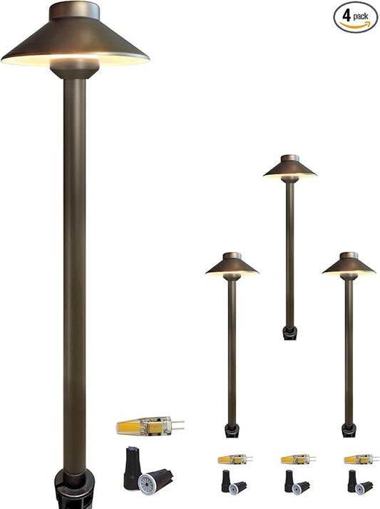 COLOER Brass Low Voltage Pathway Lights Wired 4-Pack with 3W LED G4 Bulb,12V Waterproof China Hat Outdoor Path Lighting for Yard, Patio, Landscape, Planter, Walkway(602B)