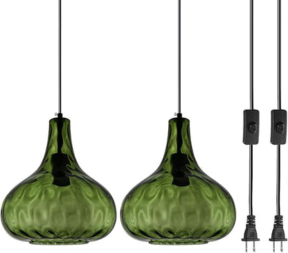 Plug in Pendant Light Fixture,Vintage Hanging Lamp with Cord Hammered Green Glass Globe Shade Mid-Century Modern Ceilig Pendant Lamp Plug in Hanging Lamp for Bedroom Dining Living Room