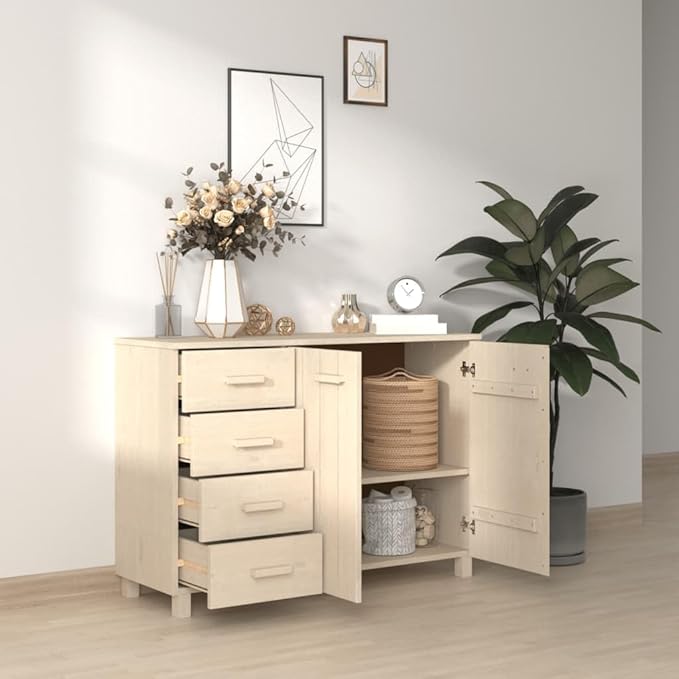 Honey Brown Pine Sideboard Buffet Cabinet 44.5" Wide 4-Drawer 2-Door Wine Bar Liquor Storage for Dining Room Living Room Entryway