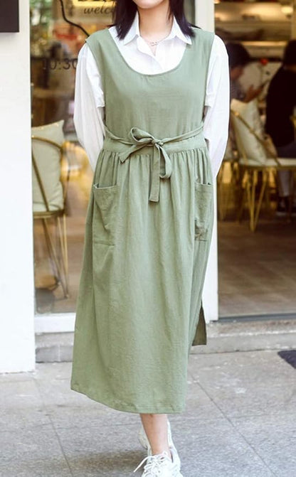 Women Plus Size Cotton Linen Vintage Pleated Split Apron Pinafore Dress with Two Pockets