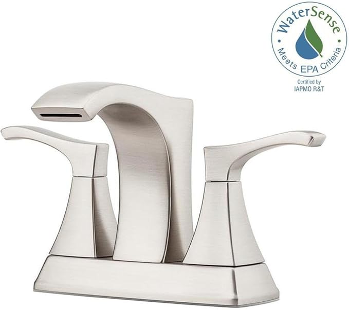 Pfister Venturi Bathroom Sink Faucet 4 in Centerset 3 Hole Double Handle Brushed Nickel Finish with Push & Seal Drain TiteSeal Technology WaterSense Certified LF048VNGS